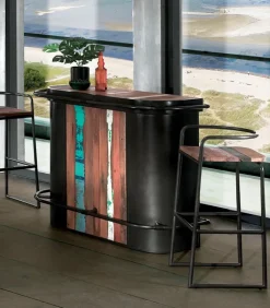 Bars & Étagères À Vin|Cocktail Scandinave Bar bois de bateau et métal VINTAGE