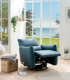 Fauteuils|Cocktail Scandinave Fauteuil relax tournant cuir bleu WINDLEY