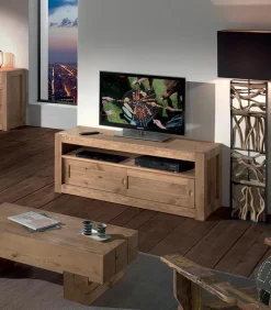 Meubles Tv|Cocktail Scandinave Meuble TV pin massif ciré 2 portes MOVING