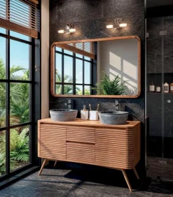 Découvrez Nos Meubles En Teck|Meubles Avec Vasques|Cocktail Scandinave Salle de bains teck double vasque en pierre MAUI